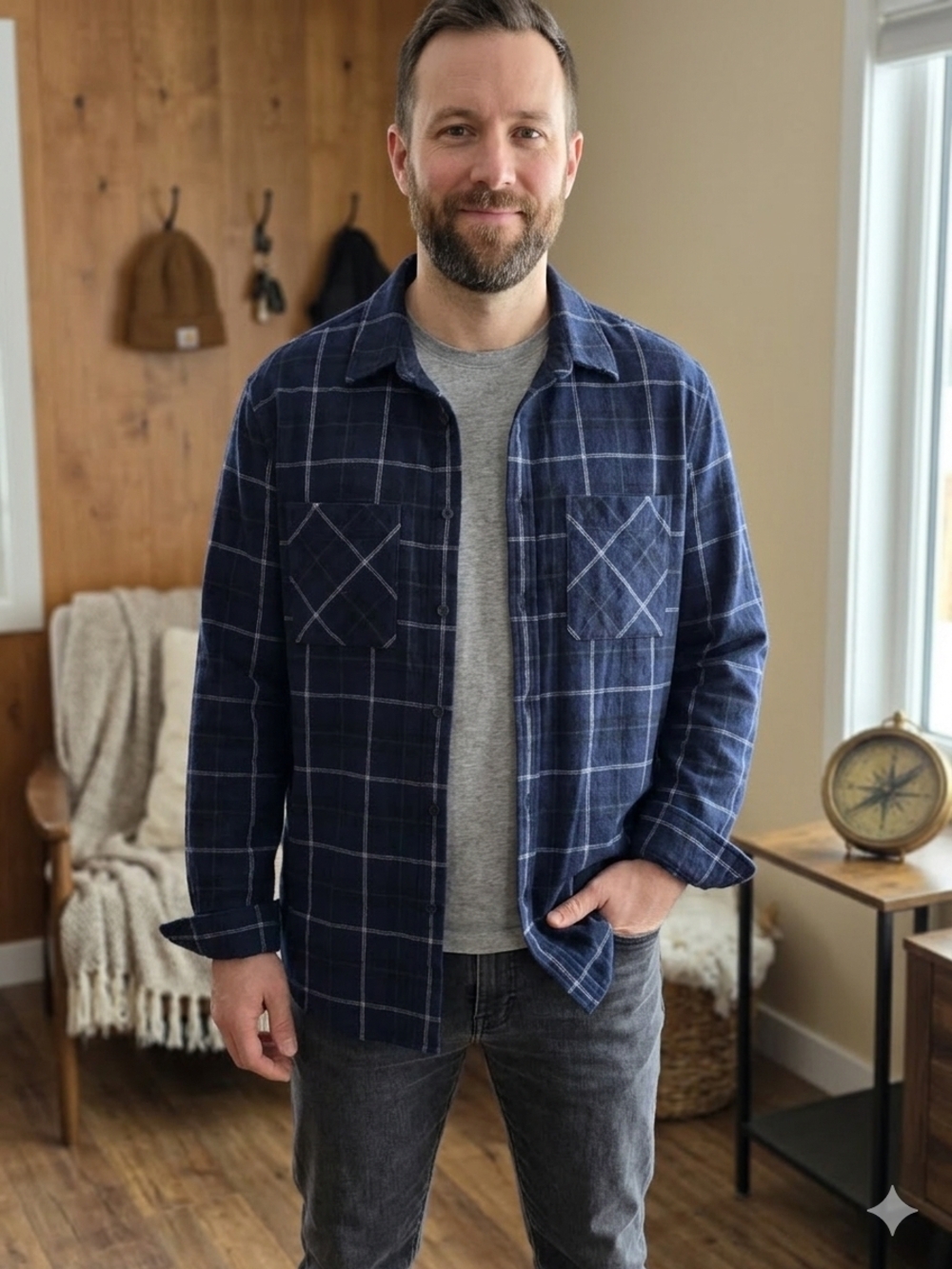 Kit and Ace XL Navy Plaid Technical Long Sleeve Shirt